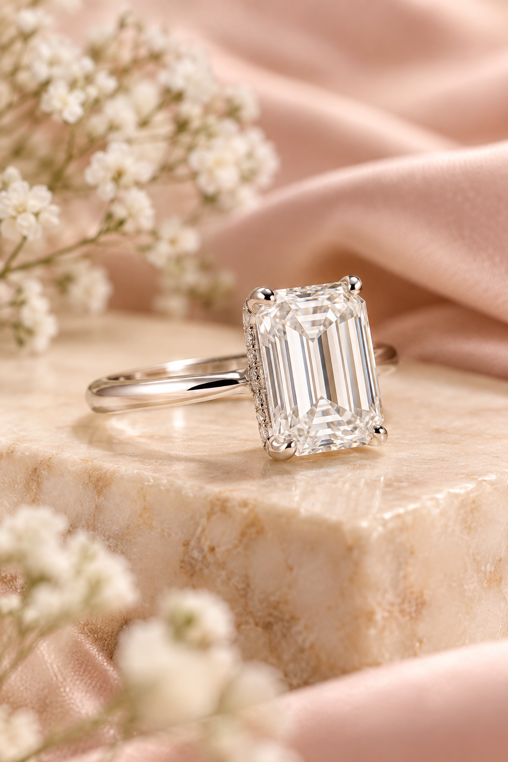 18ct White Gold 3.30ct Emerald Cut Hidden Halo Lab Grown Diamond Ring - styled side image