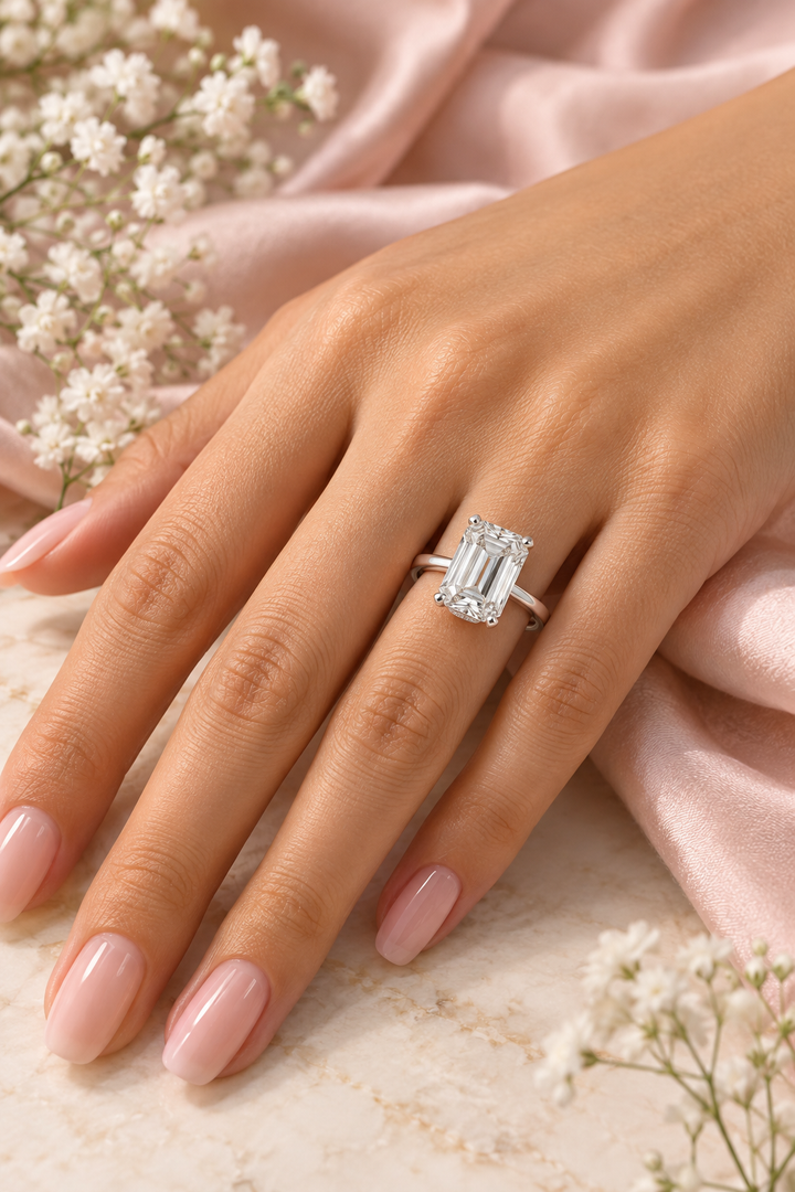 18ct White Gold 3.30ct Emerald Cut Hidden Halo Lab Grown Diamond Ring - model hand image