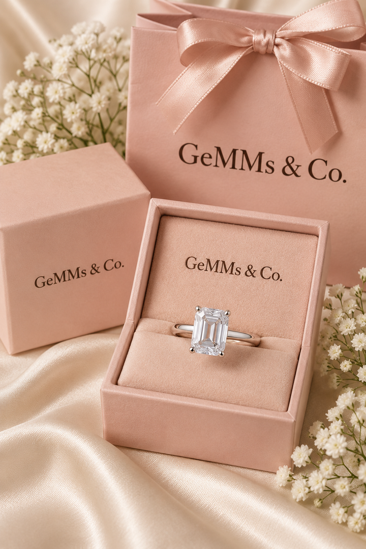 18ct White Gold 3.30ct Emerald Cut Hidden Halo Lab Grown Diamond Ring - GeMMs & Co original packaging