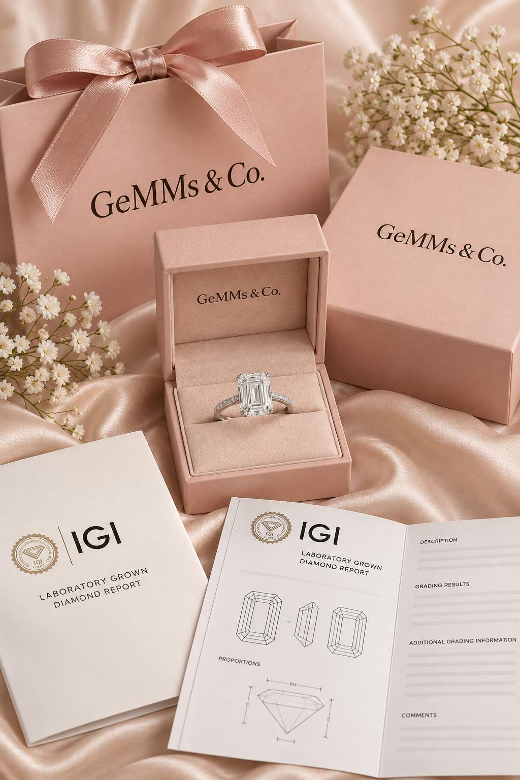 18ct White Gold 3.30ct Emerald Cut Hidden Halo Lab Grown Diamond Ring - IGI certificate with GeMMs & Co packaging