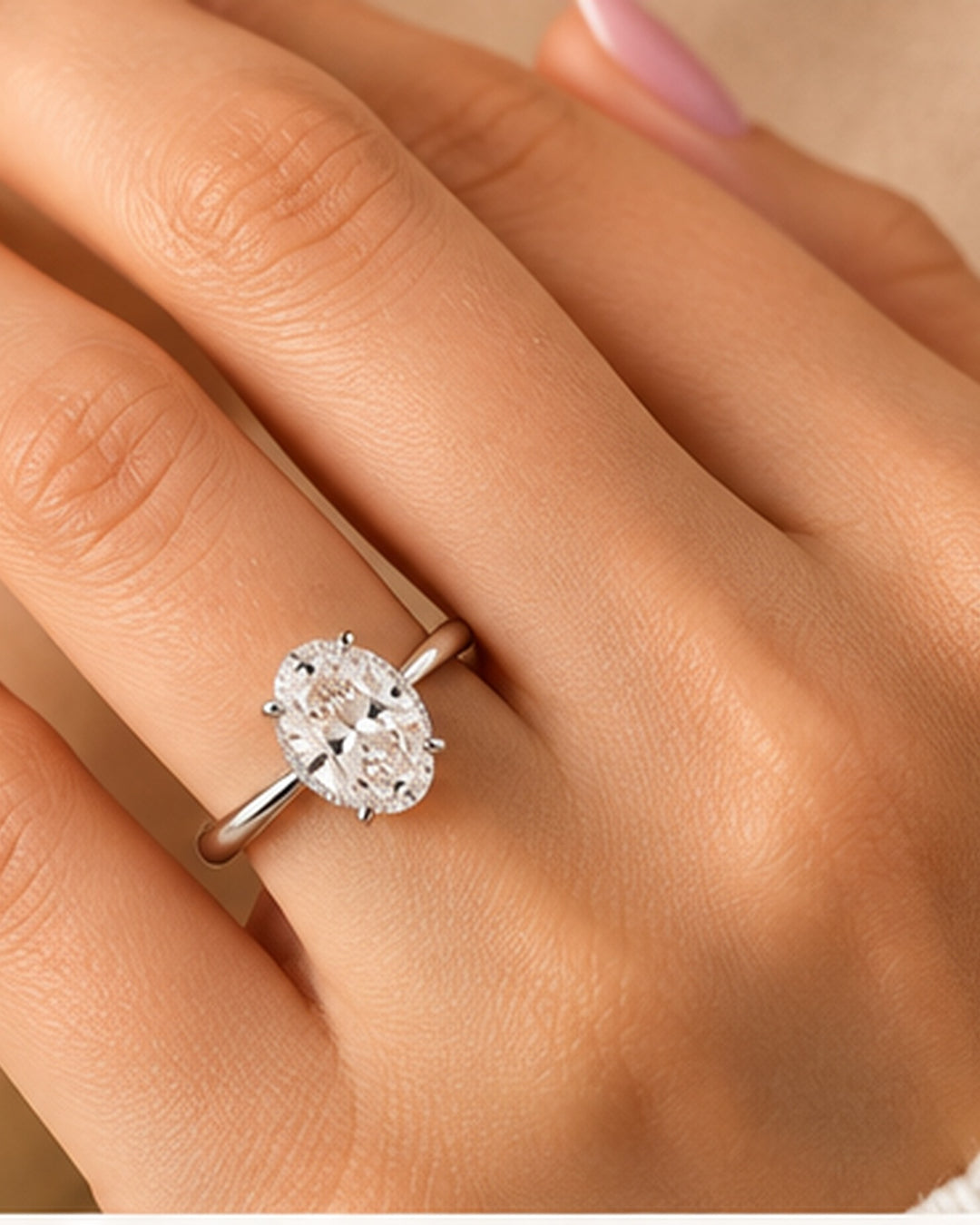 18ct White Gold 1.21ct Oval Lab Grown Hidden Halo Diamond Ring - model hand image