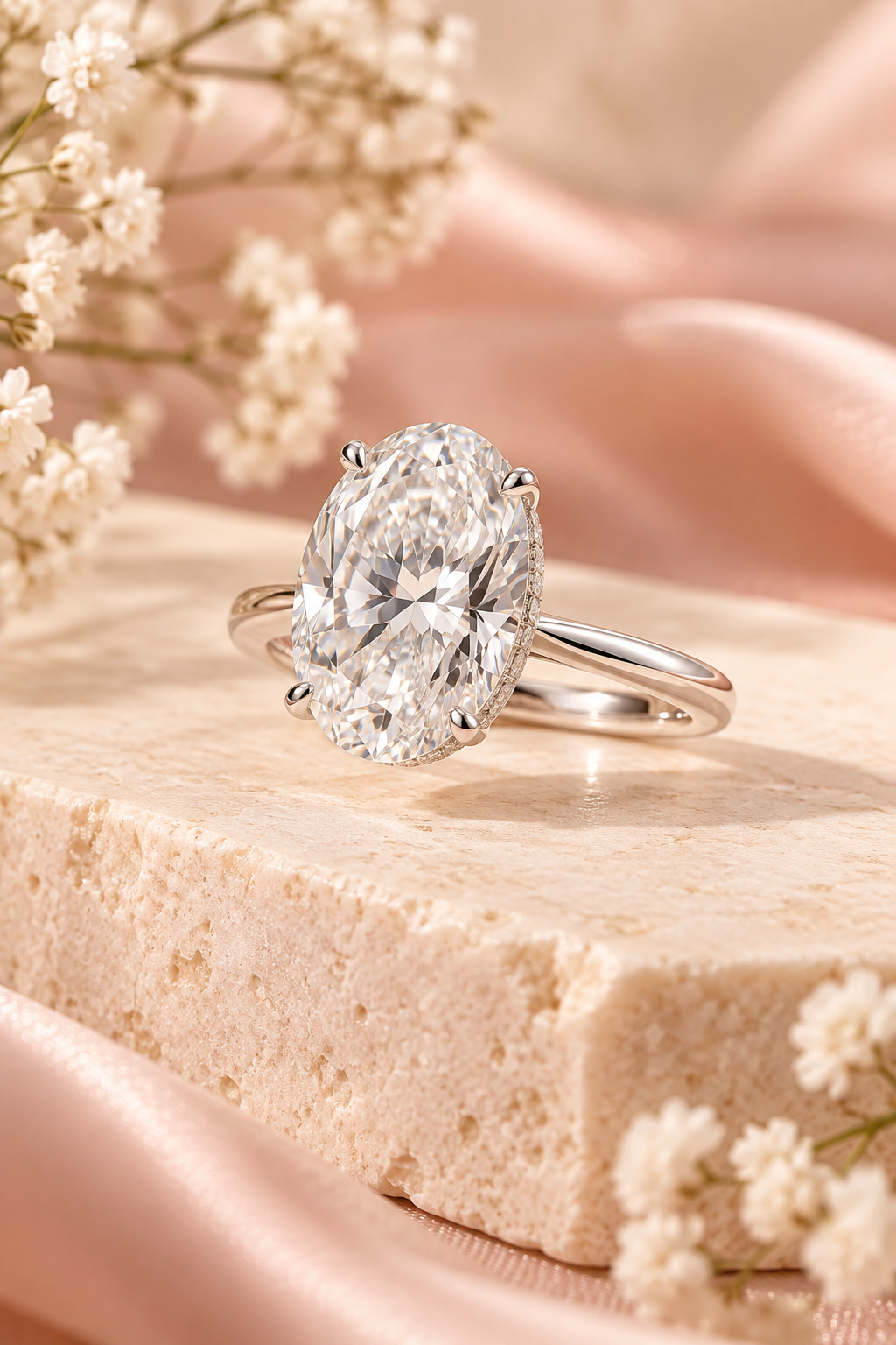 18ct White Gold 3.28ct Oval Hidden Halo Lab Grown Diamond Ring - styled side image
