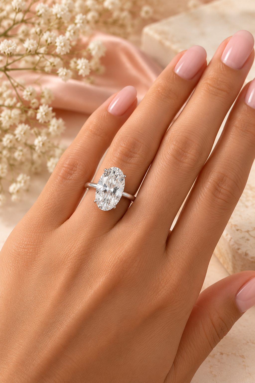 18ct White Gold 3.28ct Oval Hidden Halo Lab Grown Diamond Ring - model hand image