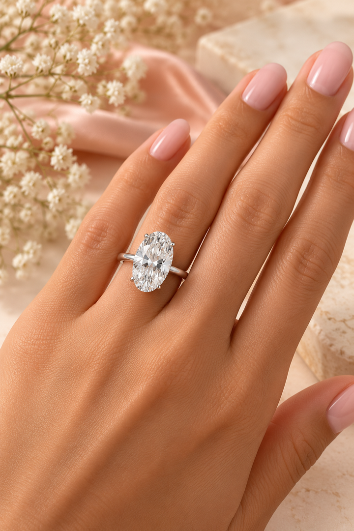 18ct White Gold 3.28ct Oval Hidden Halo Lab Grown Diamond Ring - model hand image