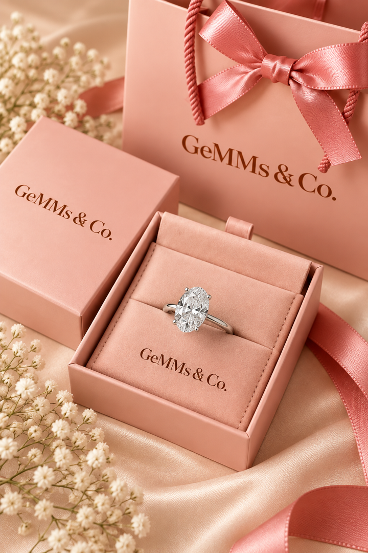 18ct White Gold 3.28ct Oval Hidden Halo Lab Grown Diamond Ring - GeMMs & Co original packaging