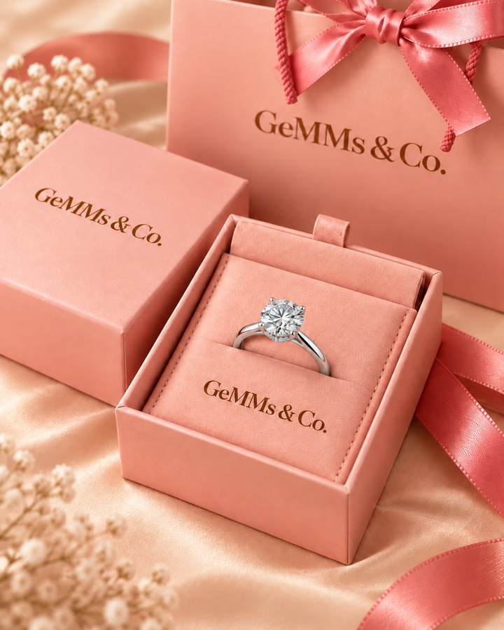 18ct White Gold 1.05ct Solitaire Lab Grown Hidden Halo Diamond Ring - GeMMs & Co original packaging