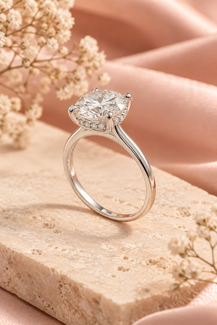 18ct White Gold 3.08ct Round Brilliant Hidden Halo Lab Grown Diamond Ring - styled side image