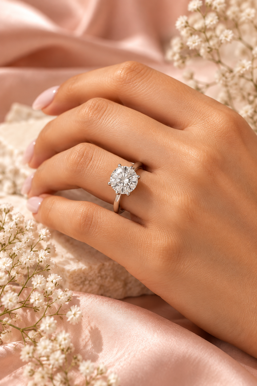 18ct White Gold 3.08ct Round Brilliant Hidden Halo Lab Grown Diamond Ring - model hand image