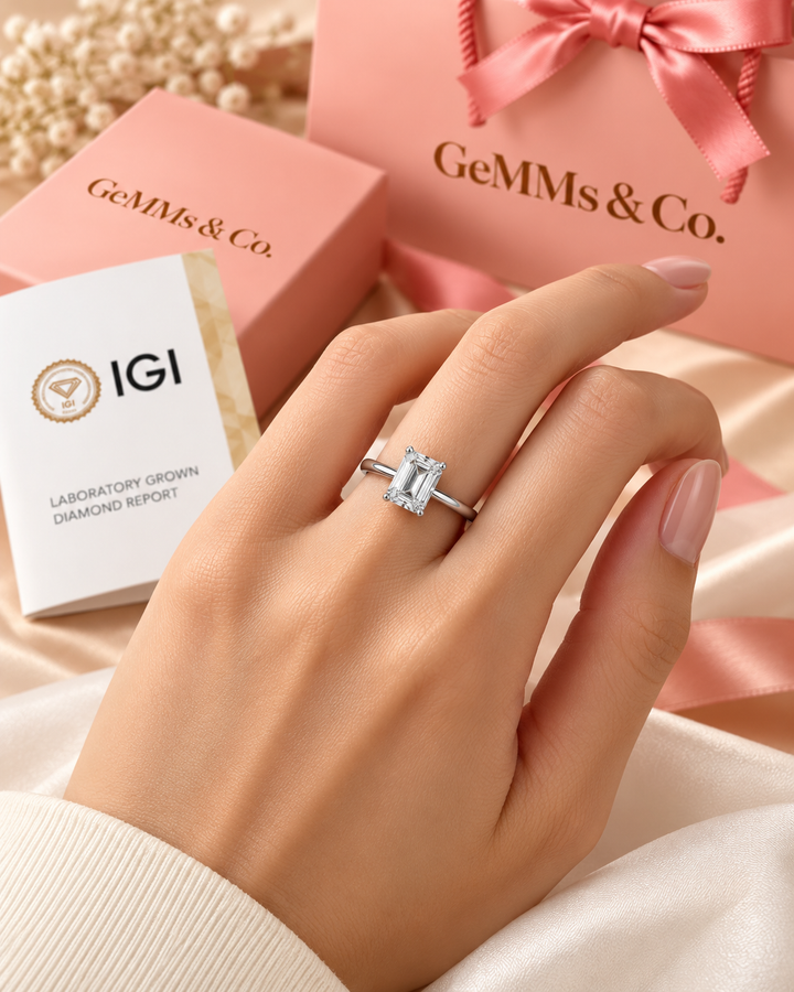 18ct White Gold 1.00ct Emerald Cut Lab Grown Diamond Ring - model hand image