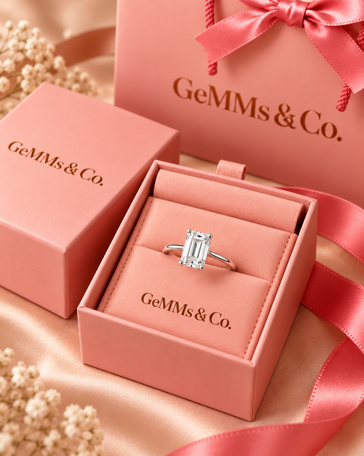 18ct White Gold 1.00ct Emerald Cut Lab Grown Diamond Ring - GeMMs & Co packaging