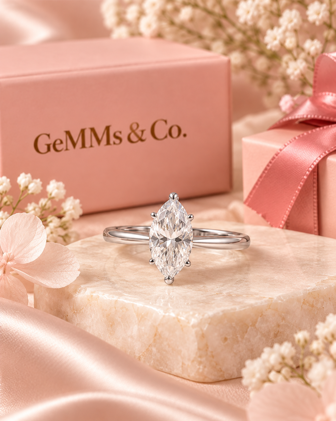 18ct White Gold 1.00ct Marquise Cut Lab Grown Diamond Ring - styled image