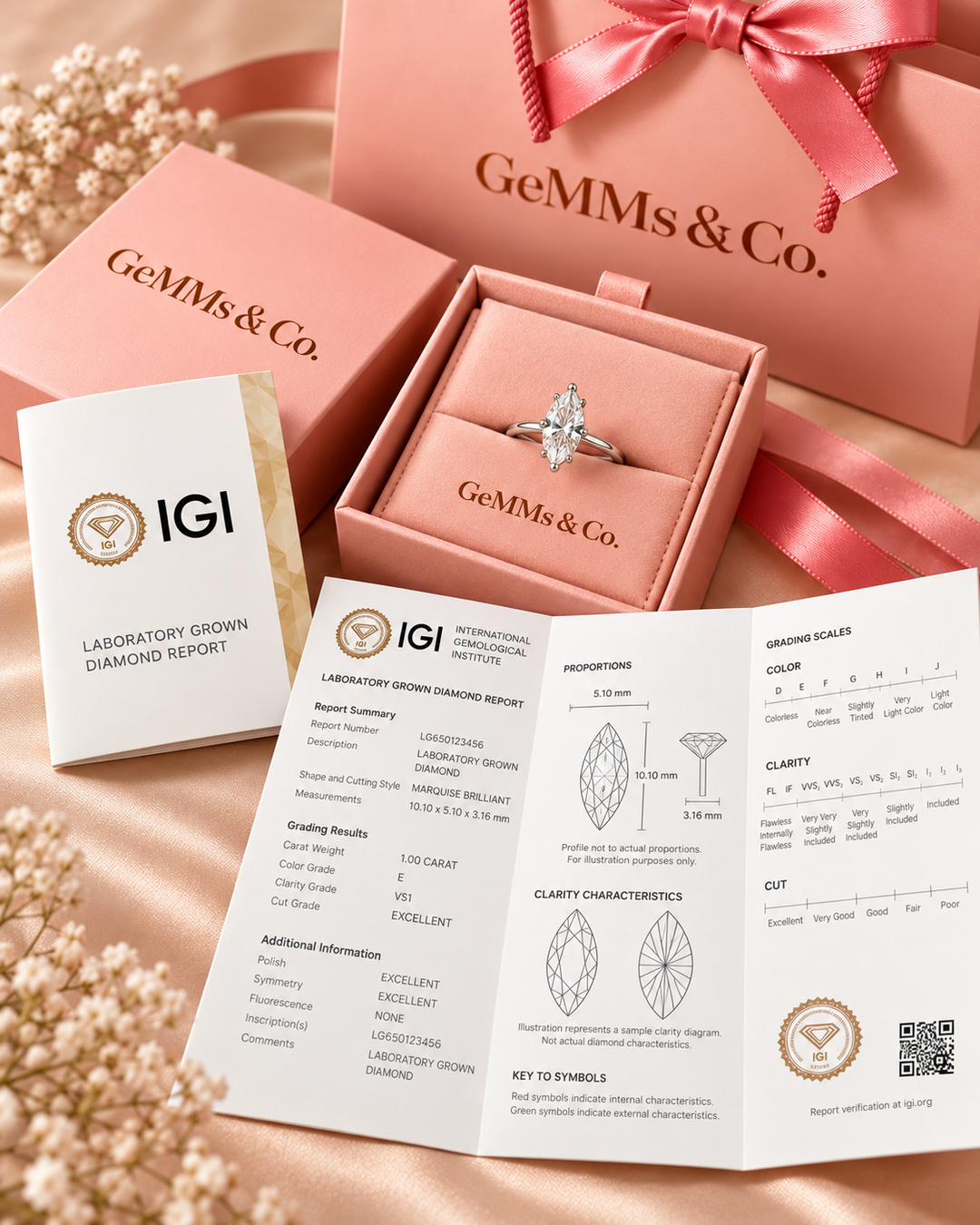 18ct White Gold 1.00ct Marquise Cut Lab Grown Diamond Ring - IGI certificate image