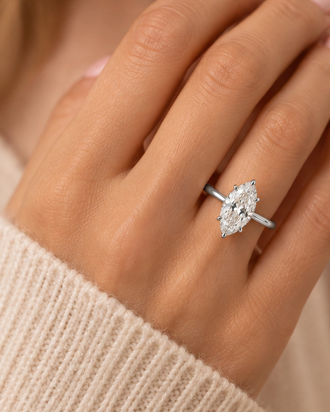 18ct White Gold 2.00ct Marquise Cut Lab Grown Diamond Ring - model hand image