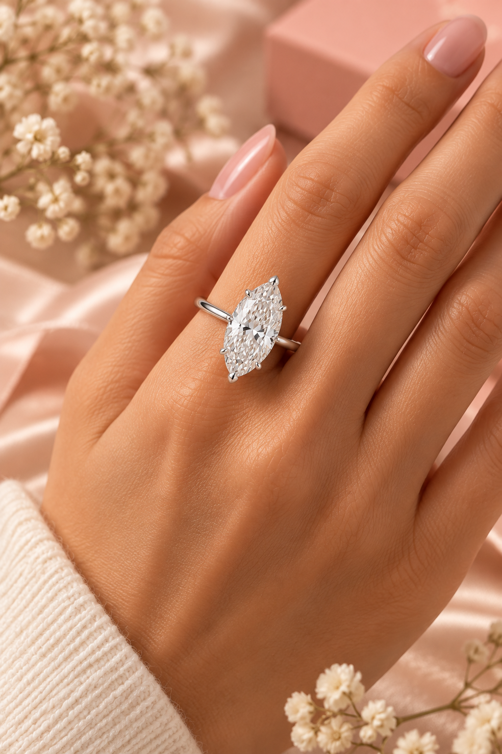 18ct White Gold 3.00ct Marquise Cut Lab Grown Diamond Ring - model hand image