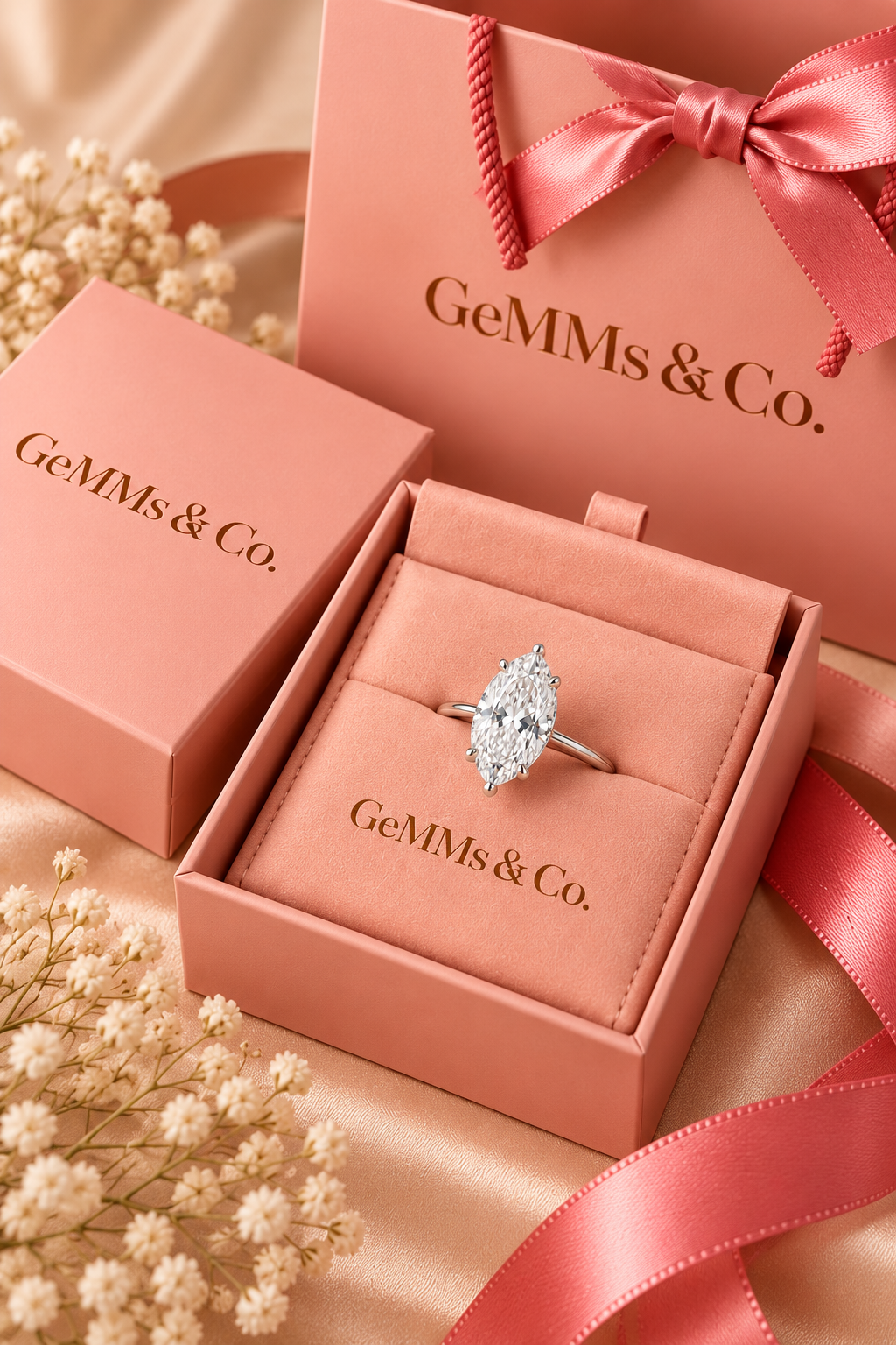 18ct White Gold 3.00ct Marquise Cut Lab Grown Diamond Ring - GeMMs & Co original packaging