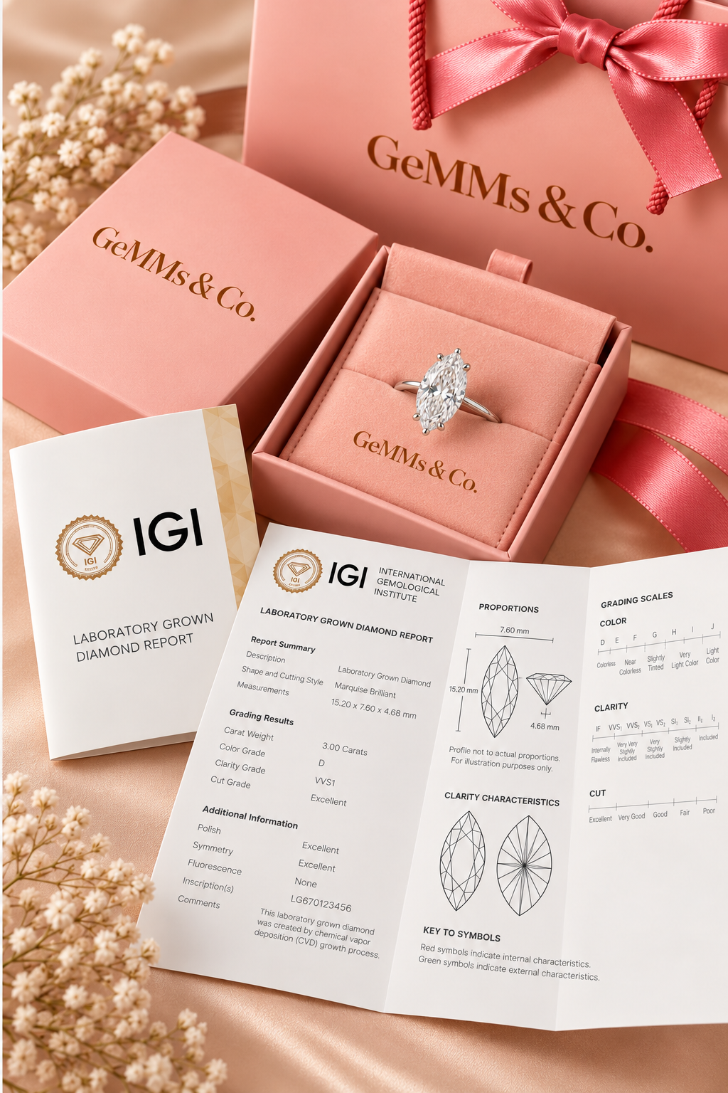 18ct White Gold 3.00ct Marquise Cut Lab Grown Diamond Ring - IGI certificate with GeMMs & Co packaging