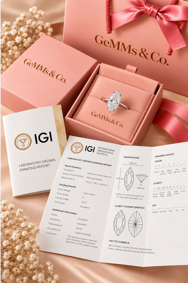 18ct White Gold 3.00ct Marquise Cut Lab Grown Diamond Ring - IGI certificate with GeMMs & Co packaging