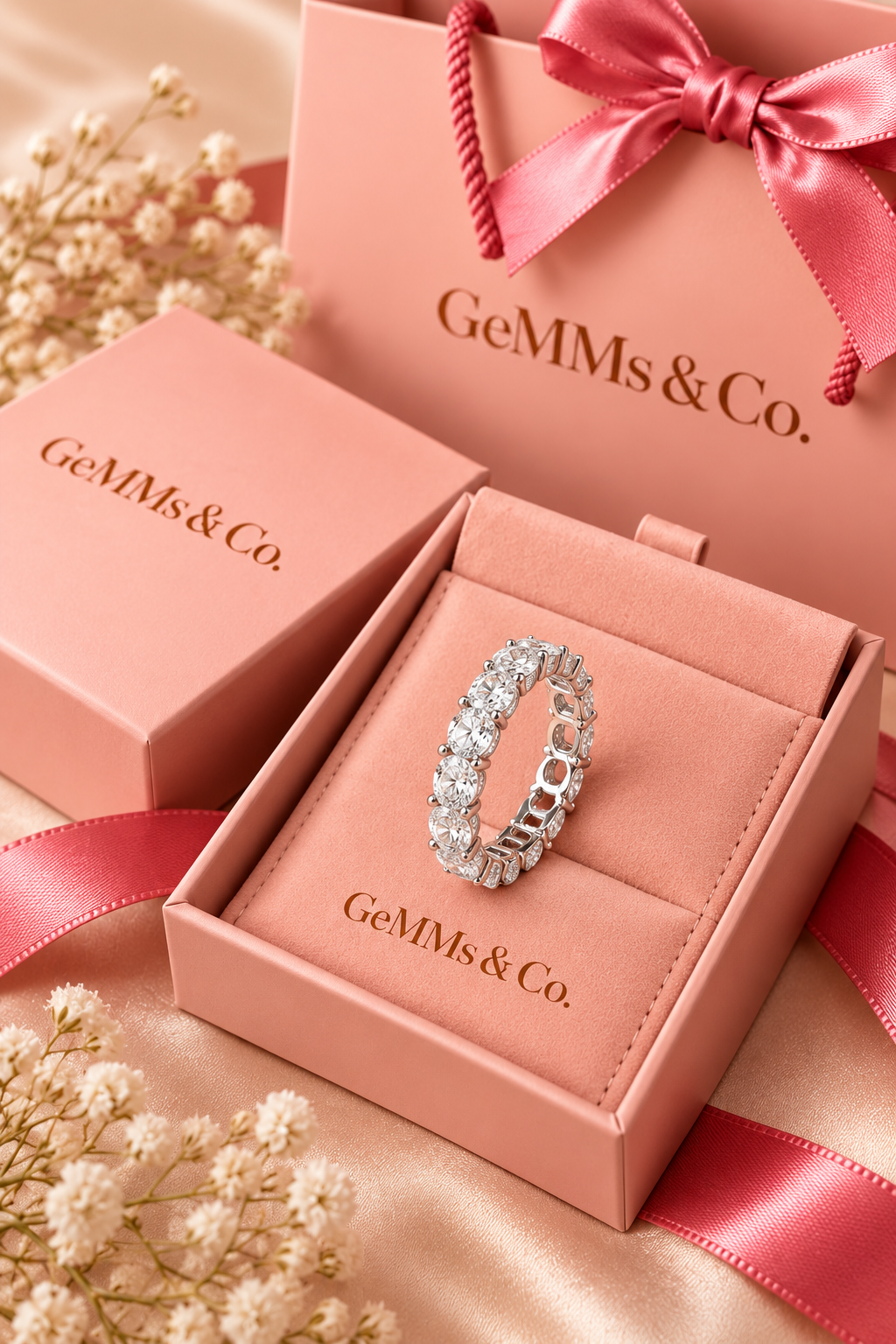 18ct White Gold 7.00ct Oval Cut Lab Grown Diamond Eternity Ring - GeMMs & Co coral blush packaging