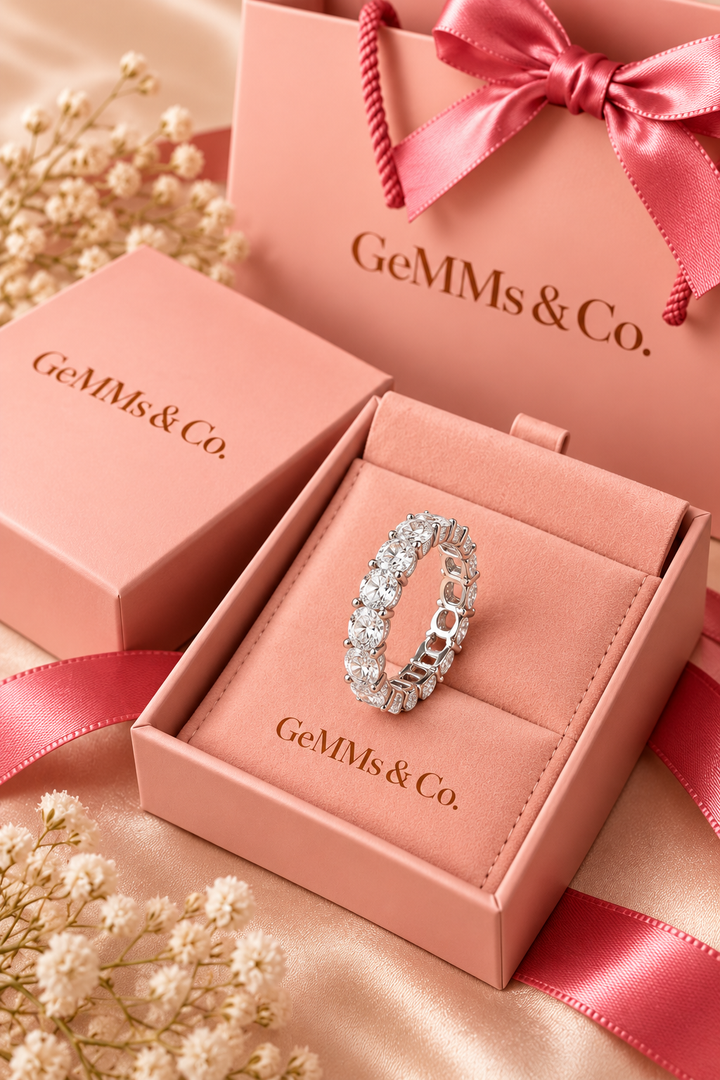 18ct White Gold 7.00ct Oval Cut Lab Grown Diamond Eternity Ring - GeMMs & Co coral blush packaging