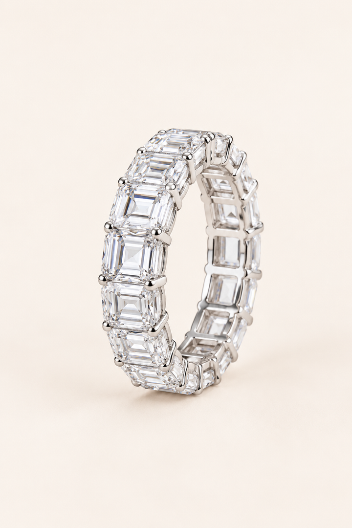 18ct White Gold 6.00ct Emerald Cut Lab Grown Diamond Eternity Ring - main cream image