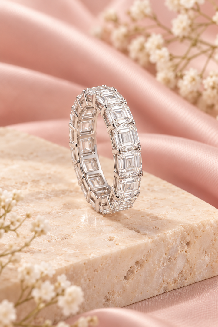 18ct White Gold 6.00ct Emerald Cut Lab Grown Diamond Eternity Ring - styled image