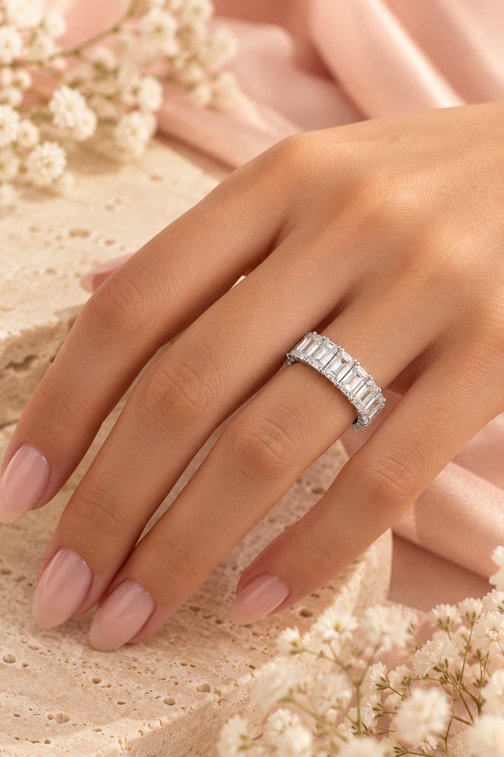 18ct White Gold 6.00ct Emerald Cut Lab Grown Diamond Eternity Ring - model hand image