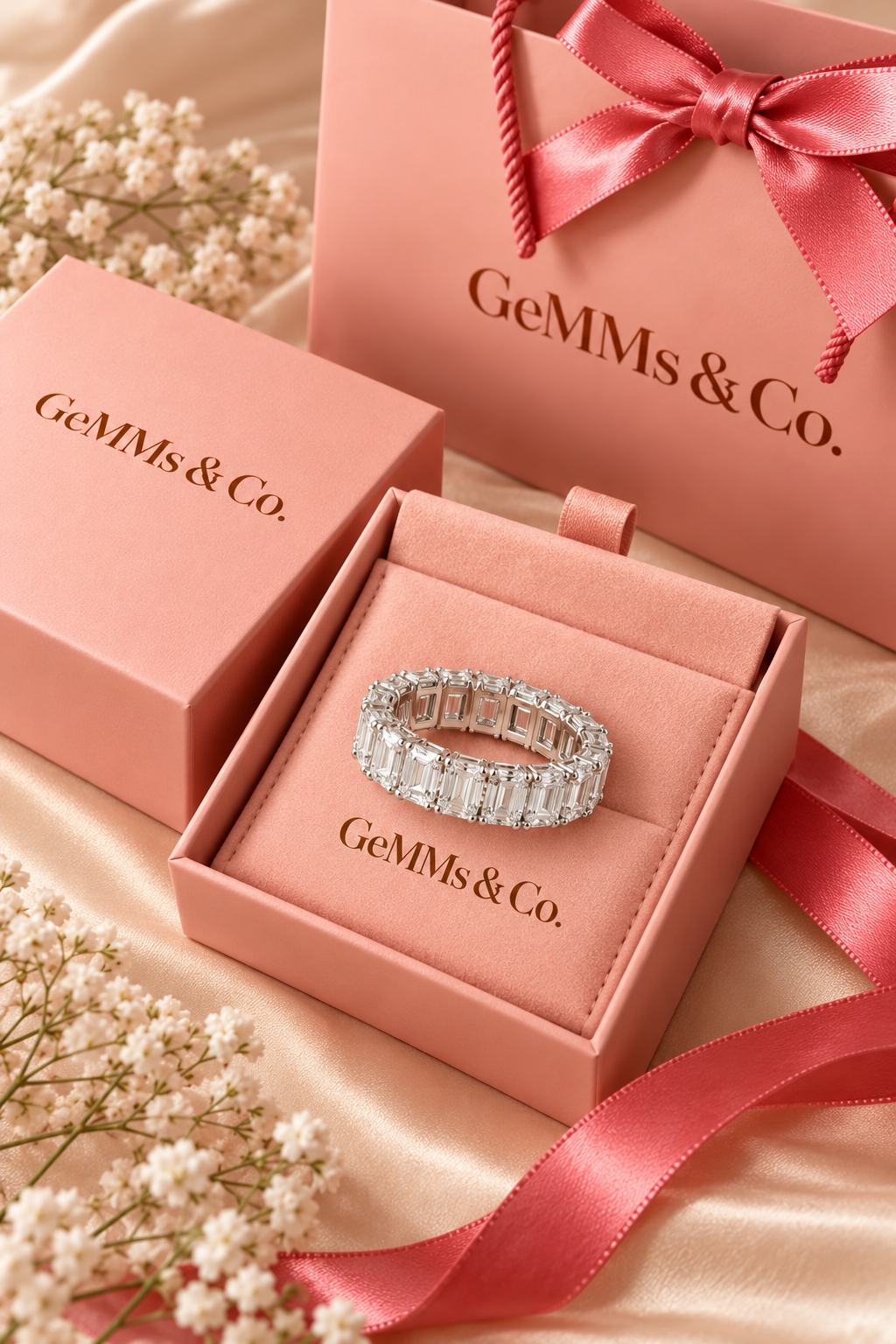 18ct White Gold 6.00ct Emerald Cut Lab Grown Diamond Eternity Ring - GeMMs & Co coral blush packaging