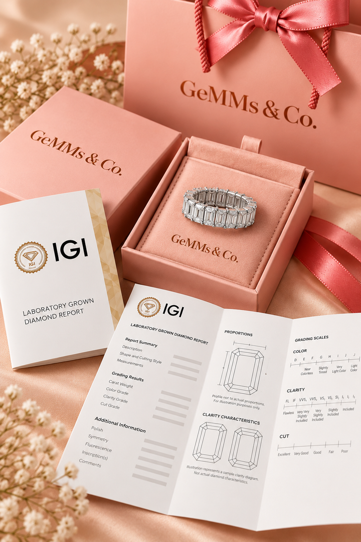 18ct White Gold 6.00ct Emerald Cut Lab Grown Diamond Eternity Ring - IGI certificate with GeMMs & Co packaging