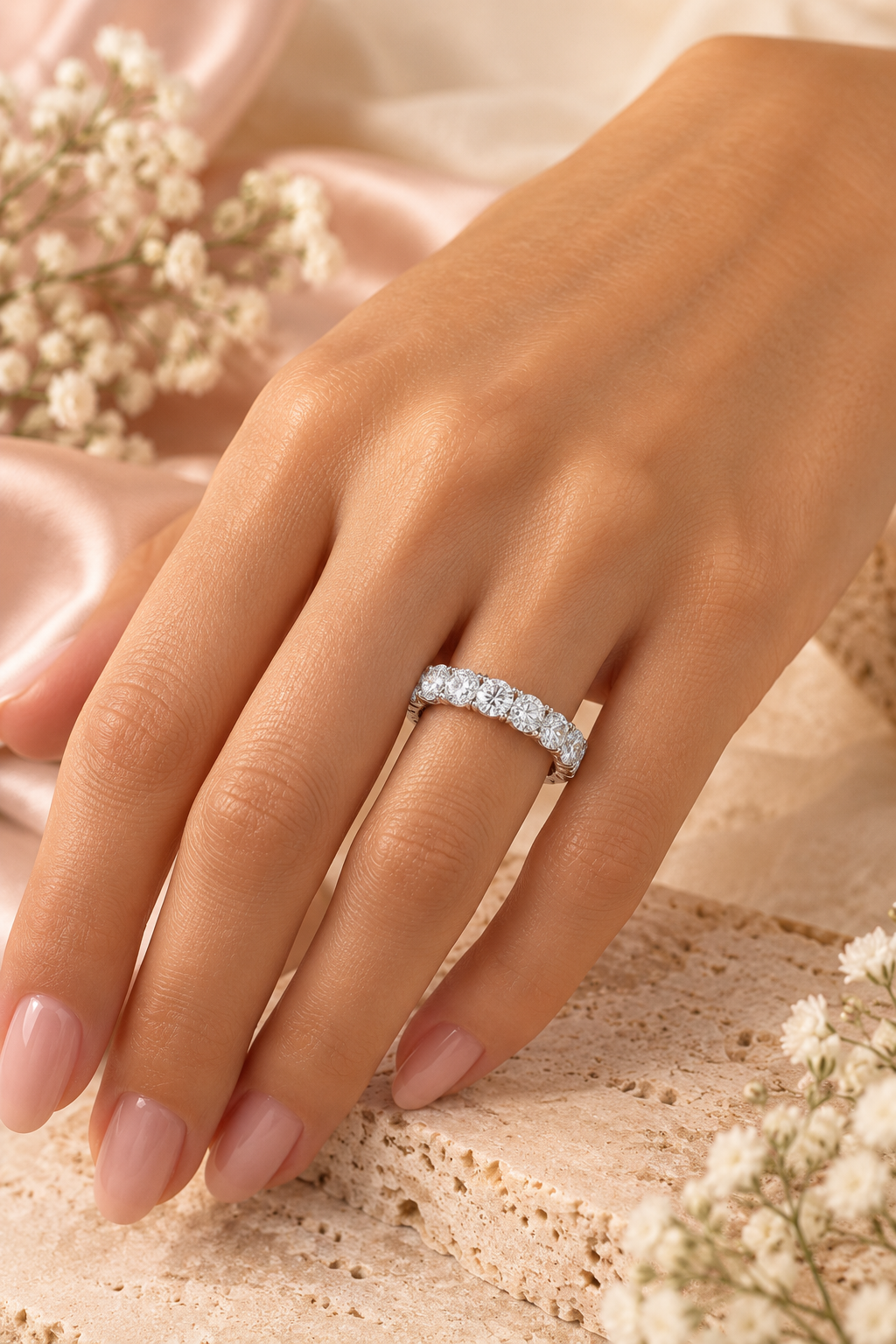 18ct White Gold 7.00ct Brilliant Cut Lab Grown Diamond Eternity Ring - model hand image