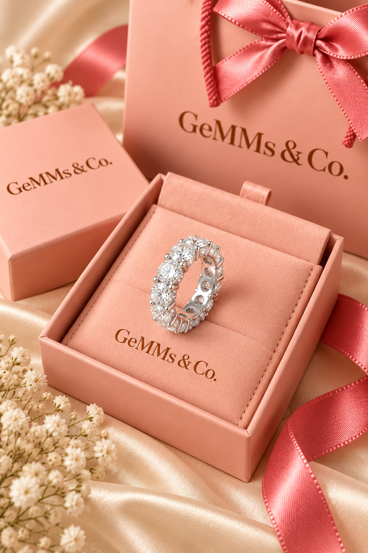 18ct White Gold 7.00ct Brilliant Cut Lab Grown Diamond Eternity Ring - GeMMs & Co coral blush packaging