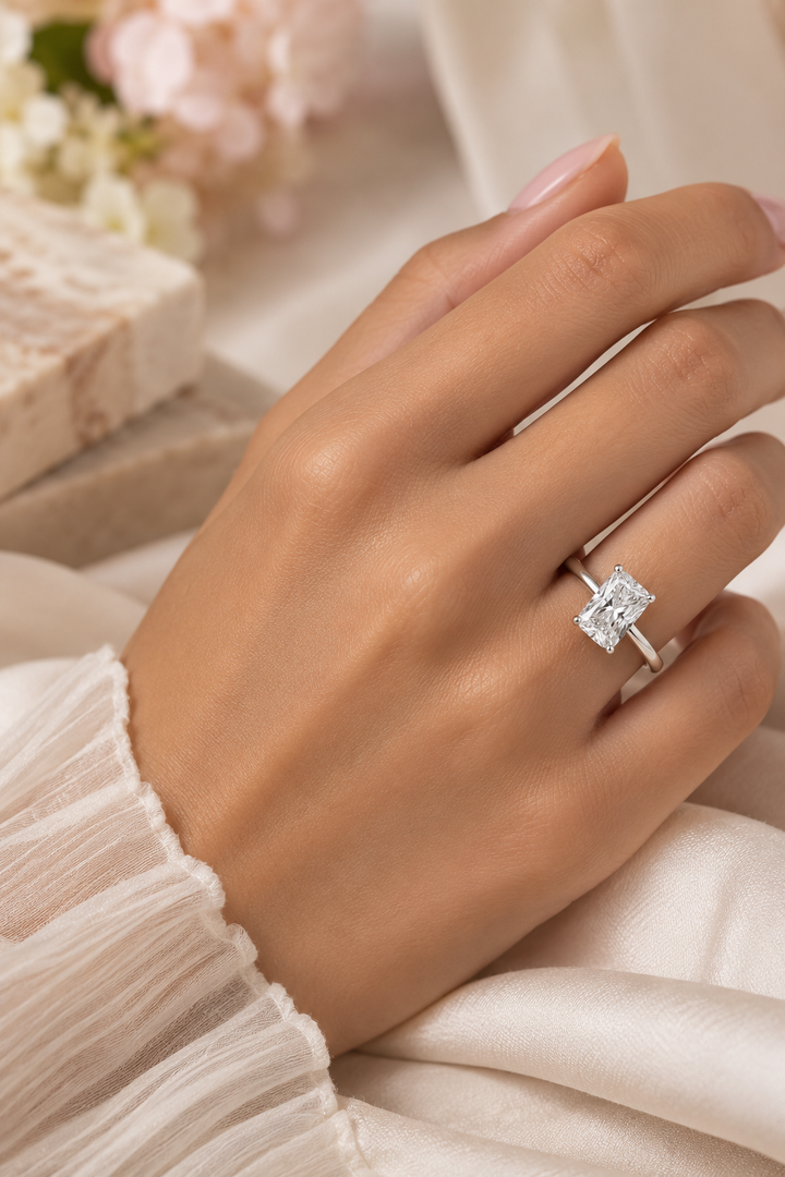18ct White Gold 1.00ct Radiant Lab Grown Diamond Ring - model hand image