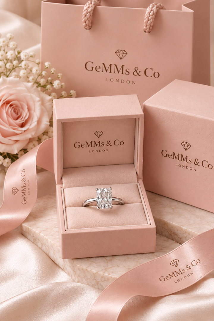 18ct White Gold 1.00ct Radiant Lab Grown Diamond Ring - GeMMs & Co packaging