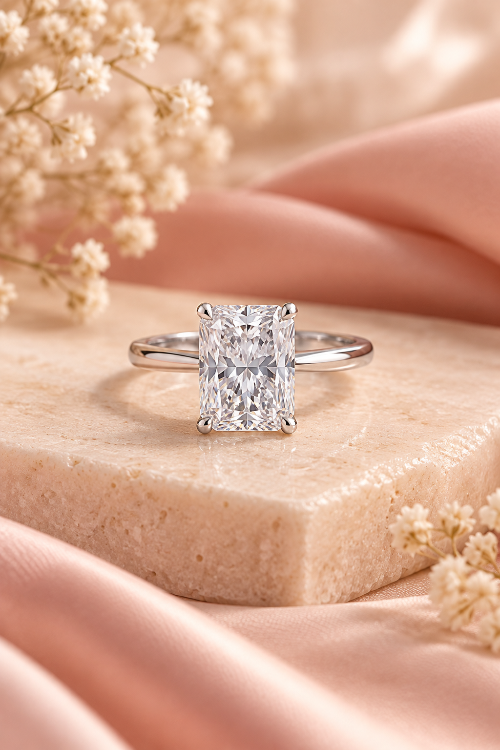18ct White Gold 3.00ct Radiant Cut Lab Grown Diamond Ring - styled image