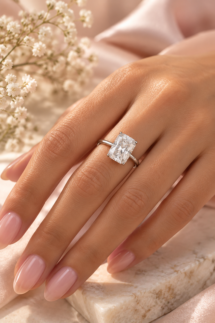 18ct White Gold 3.00ct Radiant Cut Lab Grown Diamond Ring - model hand image