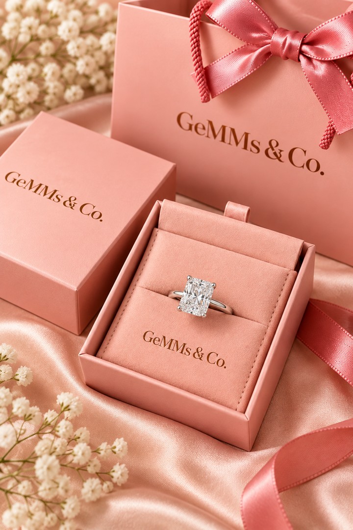 18ct White Gold 3.00ct Radiant Cut Lab Grown Diamond Ring - GeMMs & Co original packaging