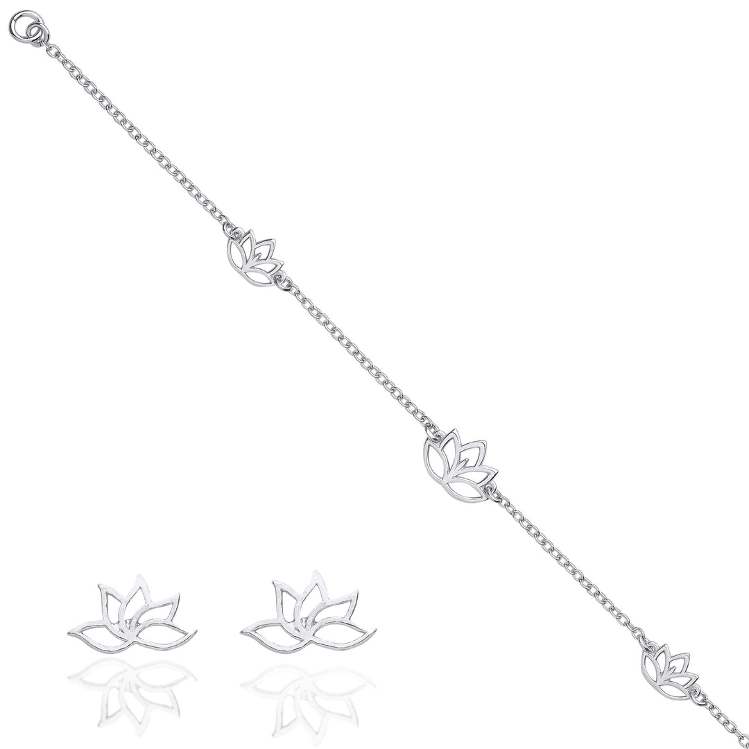 Lotus Flowers Stud Earrings And Bracelet Gift Set In Silver