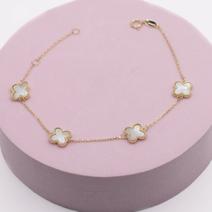 Lucky Four Leaf Clover Bracelet with Mother of Pearl in 9ct Gold