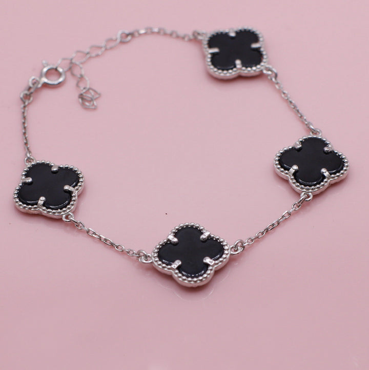 Lucky Four Leaf Clover Black Bracelet In Silver