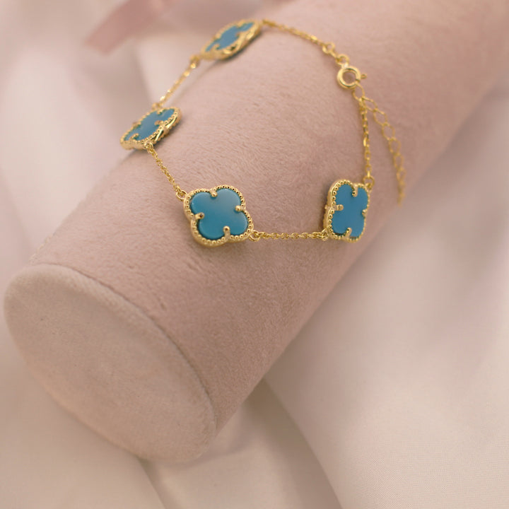 Lucky Four Leaf Clover Blue Bracelet In Gold Plated