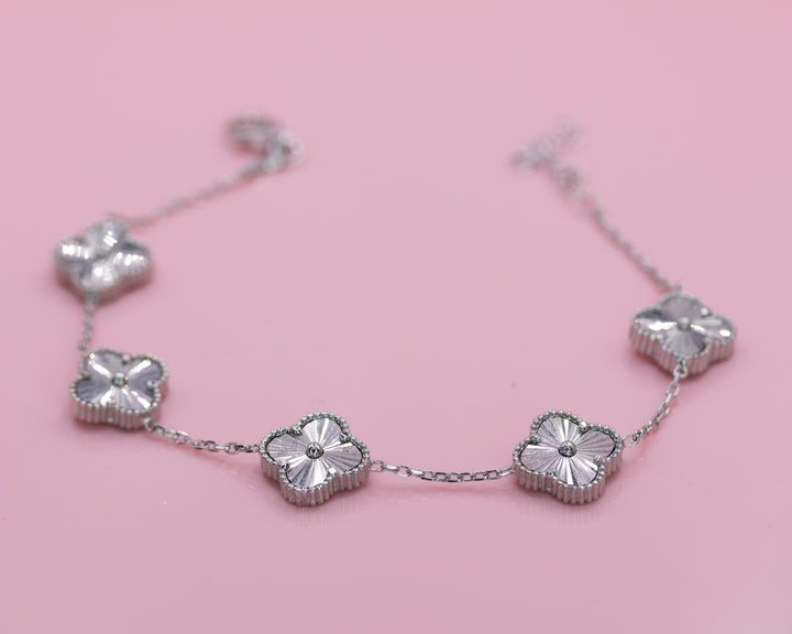 Lucky Four Leaf Clover Textured Bracelet In  Rhodium Plated Silver