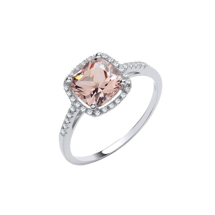 Morganite Colour & Clear Crystal Halo Ring in Silver