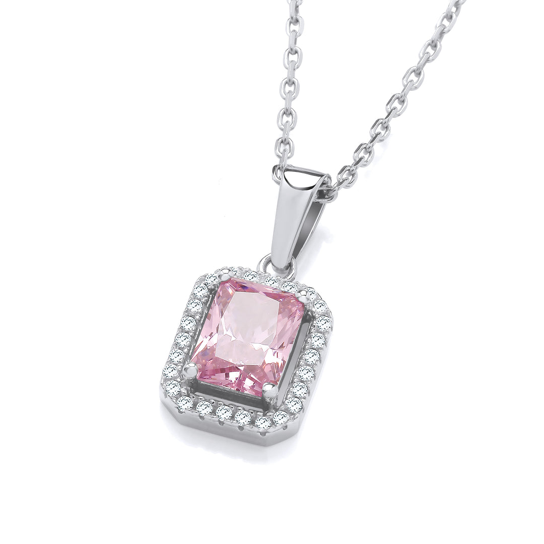 Emerald Cut Crystal Halo Stud Pendant Necklace In Silver