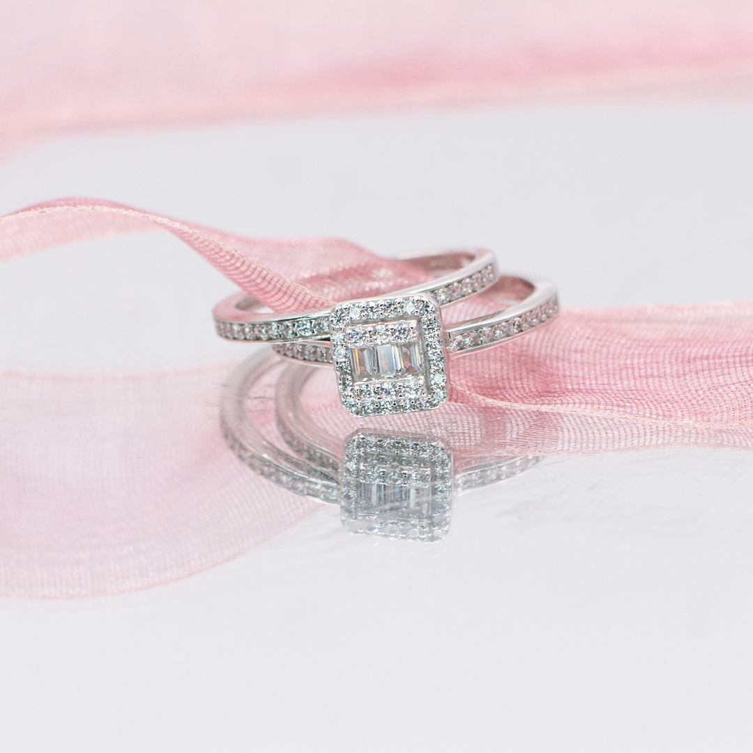 Princess Cut Crystal Halo Bridal Engagement Ring Set in Silver