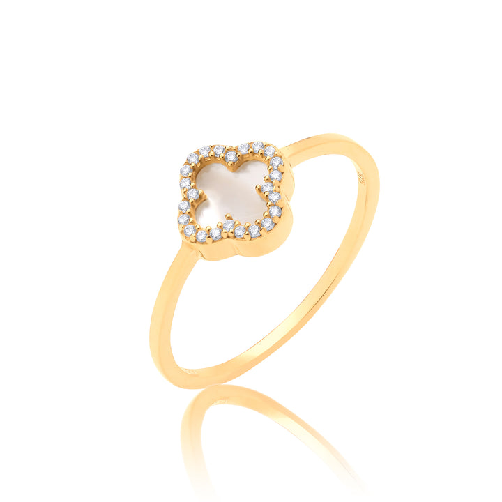 Lucky Four Leaf Clover Ring with Mother of Pearl in 9ct Gold