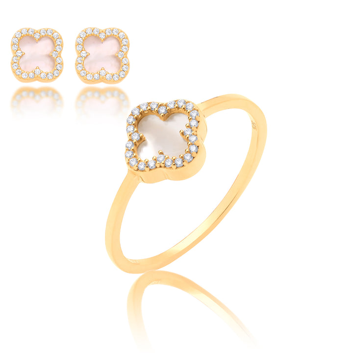 Lucky Four Leaf Clover Ring and Earrings Set in 9ct Gold