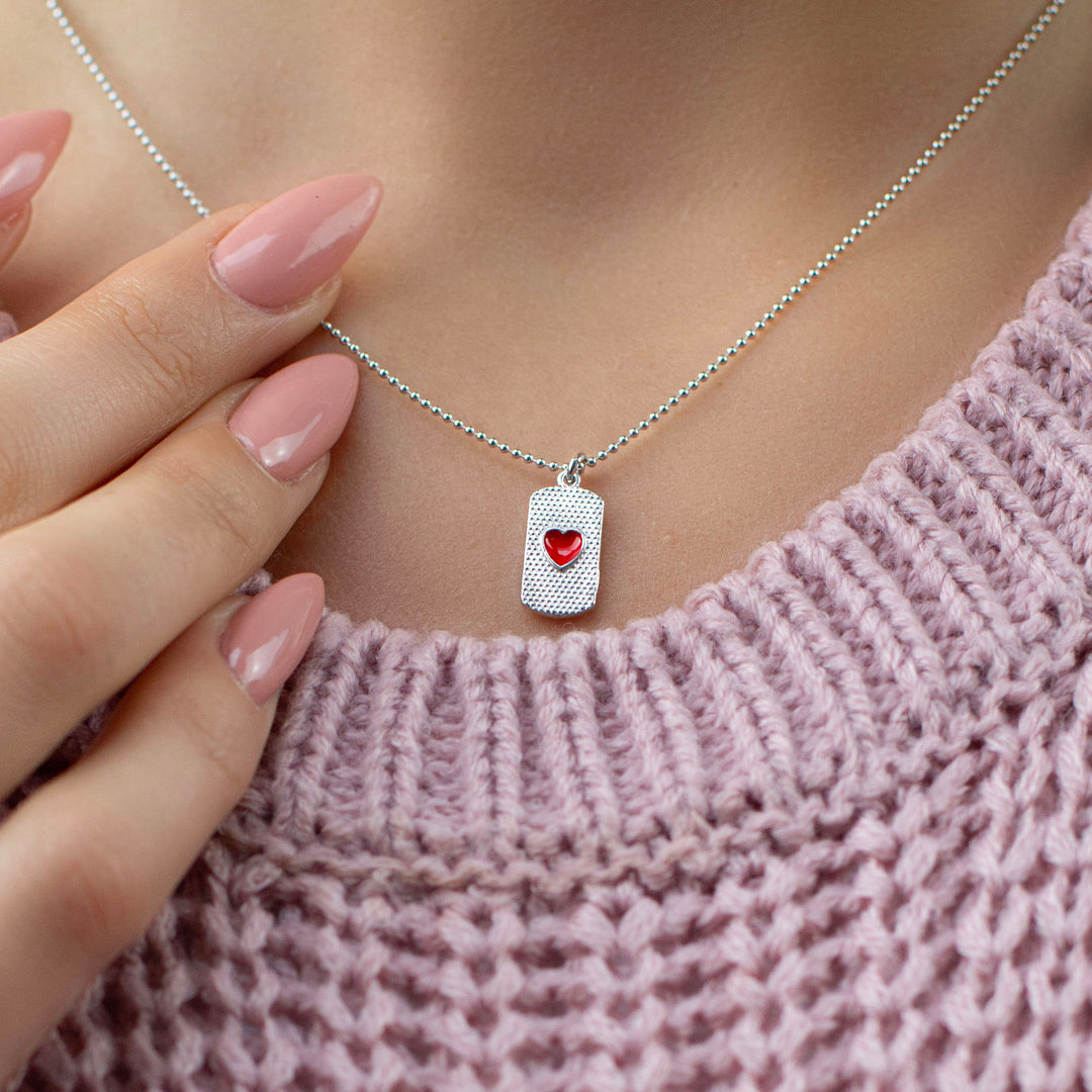 Red Heart Dog Tag Pendant Necklace in Silver