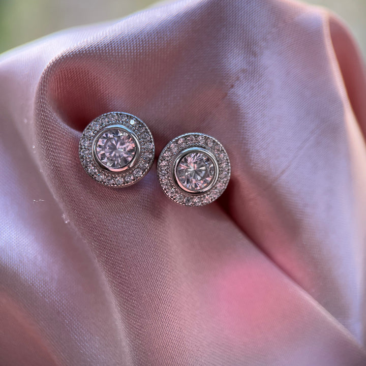 Round Crystal Stud Earrings In Silver