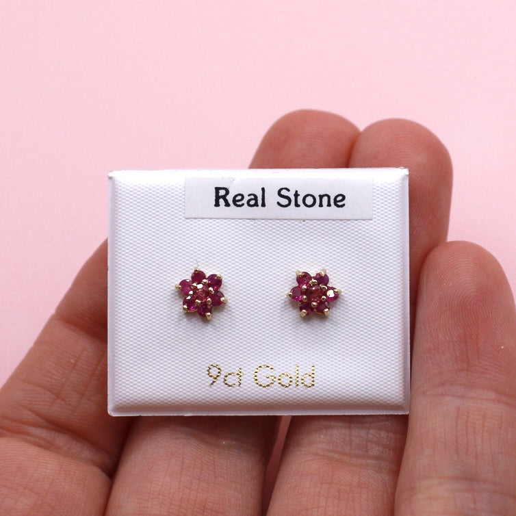 Ruby Flower Studs In 9ct Gold
