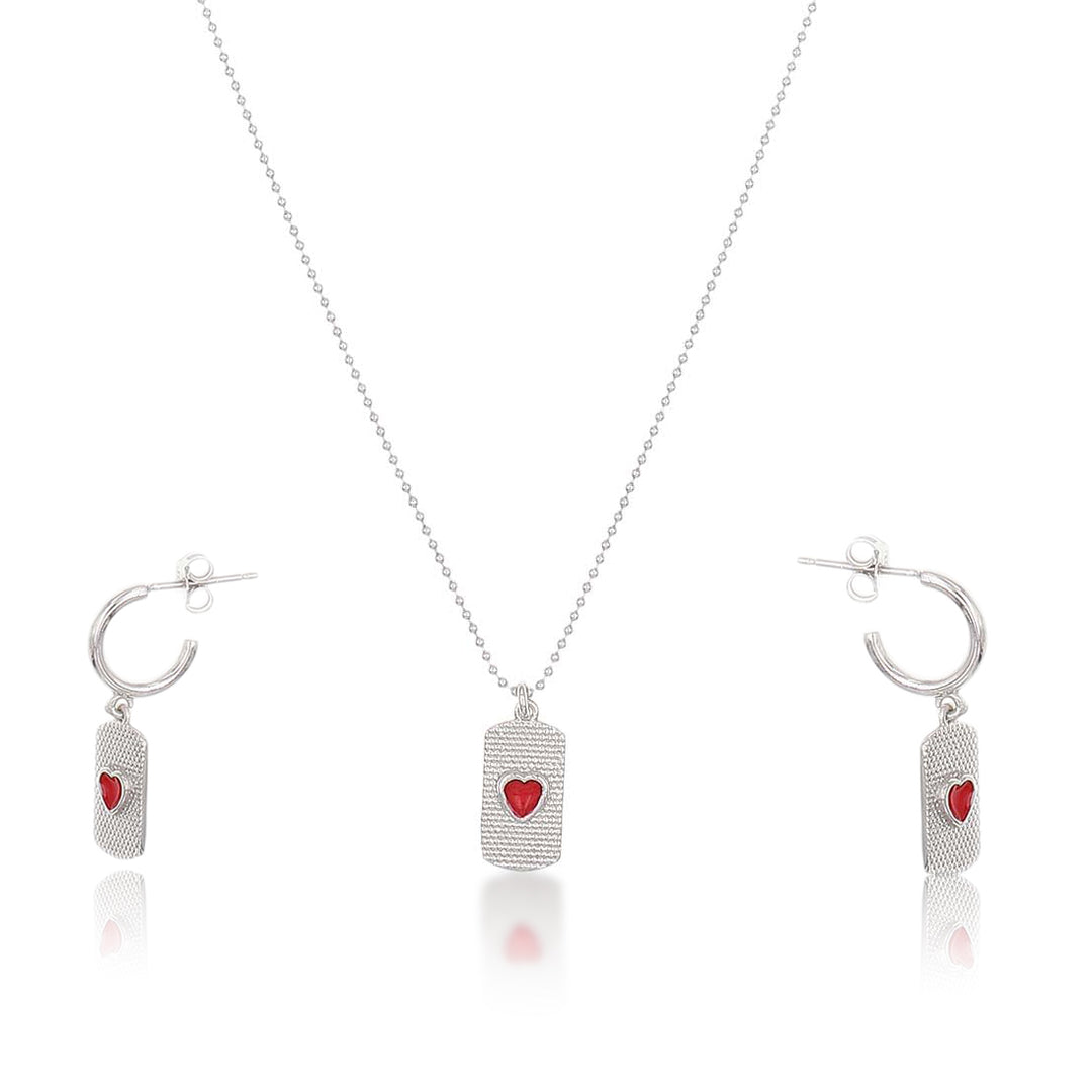 Red Heart Dog Tag Necklace And Earrings Gift Set in Silver
