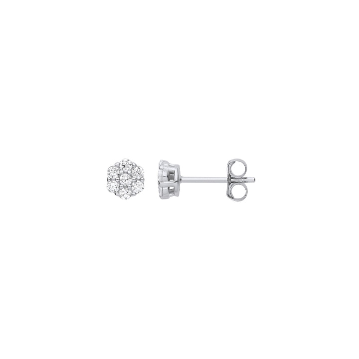 Flower Cluster CZ Stud Earrings In Silver